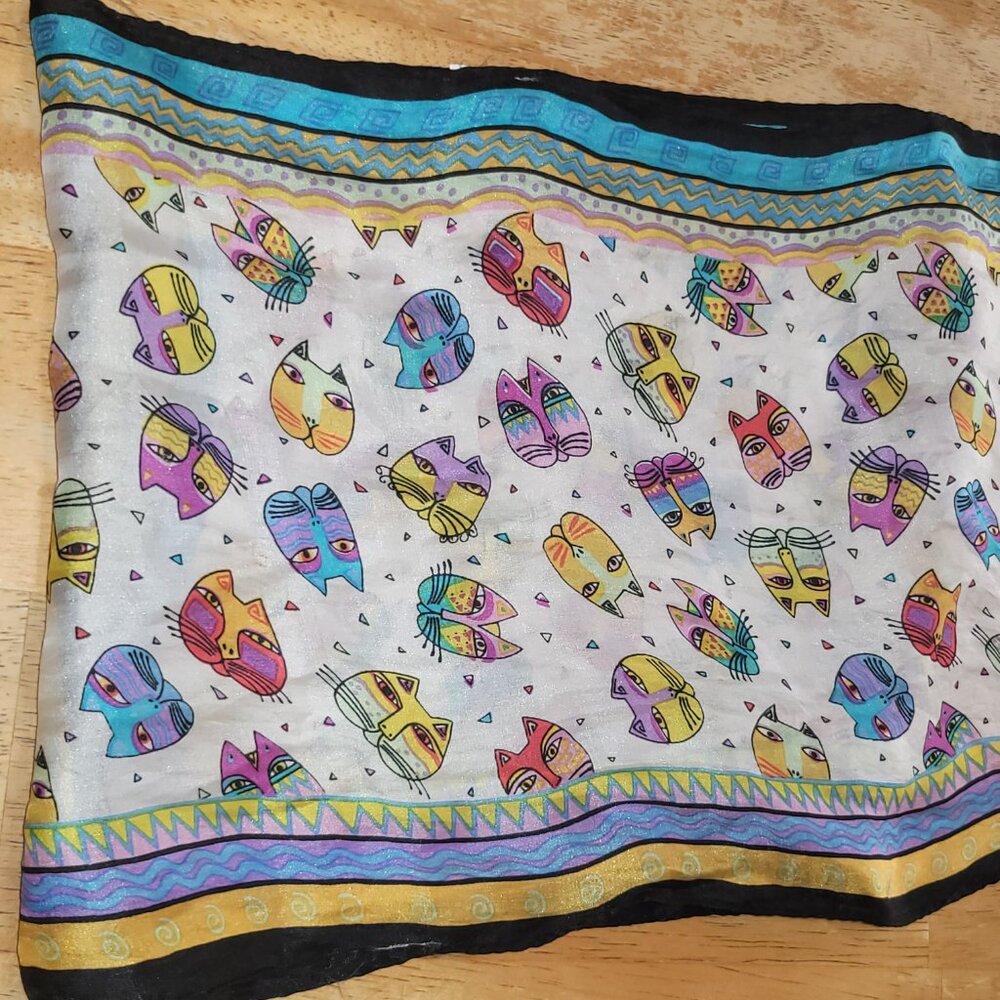 Vintage Laurel Burch Silk Scarf Wrap 10x50" Colorful Blue Purple Yellow Cats